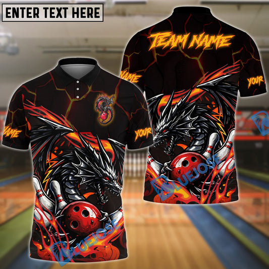 BlueJose Bowling & Pins Flame Aura Dragon Customized Name, Team Name 3D Shirt (4 Colors)
