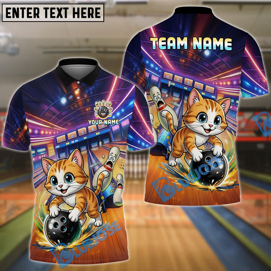 BlueJose Bowling And Pins Funny Cute Cat Strike Customized Name, Team Name 3D Shirt For Kids