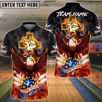BlueJose Bowling & Pins Flame Eagle American Cross God Customized Name, Team Name 3D Shirt (4 Colors)