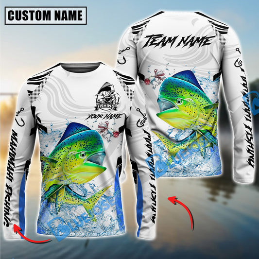 Bluejose Mahi Mahi Fishing White Black Curve Pattern Design Custom Name & Team Name 3D Shirts