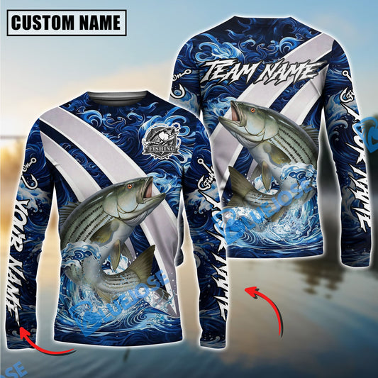 Bluejose Striped Bass Fishing Blue Lava Smoke Silver Line Design Custom Name & Team Name 3D Shirts