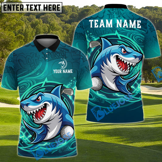 BlueJose Shark Attack Golf Polo Personalized Name, Team Name 3D Shirt (4 Colors)