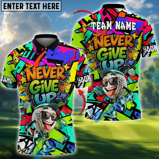 BlueJose Color Splash Never Give Up Golf Polo Personalized Name, Team Name 3D Shirt (4 Colors)