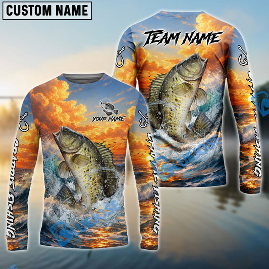 Bluejose Crappie Fishing Ocean Sunset Wave Custom Name & Team Name 3D Shirts