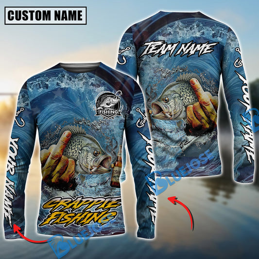 Bluejose Crappie Fishing Seawave Stinky Finger Smoking Beer Custom Name & Team Name 3D Shirts