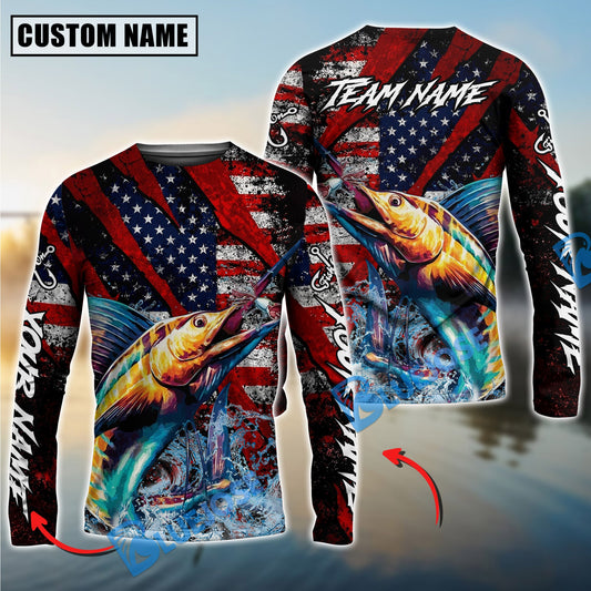 Bluejose Marlin Fishing American Flag Grunge Red Scratch Custom Name & Team Name 3D Shirts