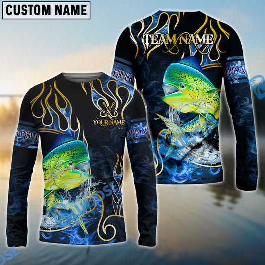 Bluejose Mahi-Mahi Fishing Flame Dark Blue Luxury Pattern Custom Name & Team Name 3D Shirts