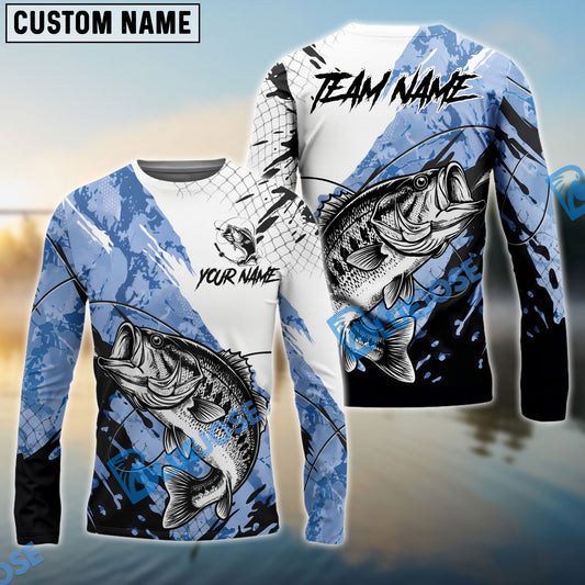 Bluejose Bass Fishing Blue White Long Jumping Splash Water Graphic Custom Name & Team Name 3D Shirts