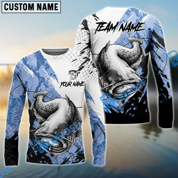 Bluejose Catfish Fishing Blue White Long Jumping Splash Water Graphic Custom Name & Team Name 3D Shirts