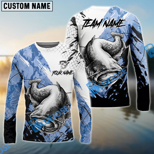 Bluejose Catfish Fishing Blue White Long Jumping Splash Water Graphic Custom Name & Team Name 3D Shirts