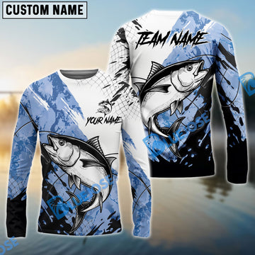Bluejose Tuna Fishing Blue White Long Jumping Splash Water Graphic Custom Name & Team Name 3D Shirts