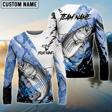 Bluejose Striped Bass Fishing Blue White Long Jumping Splash Water Graphic Custom Name & Team Name 3D Shirts