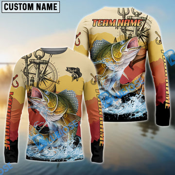 Bluejose Walleye Fishing Sunset Compass Custom Name & Team Name 3D Shirts