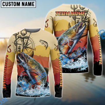 Bluejose Trout Fishing Sunset Compass Custom Name & Team Name 3D Shirts