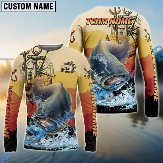 Bluejose Catfish Fishing Sunset Compass Custom Name & Team Name 3D Shirts