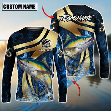 Bluejose Tuna Fishing Luxury Gold Wave Water Splash Design Custom Name & Team Name 3D Shirts
