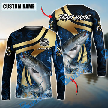 Bluejose Salmon Fishing Luxury Gold Wave Water Splash Design Custom Name & Team Name 3D Shirts