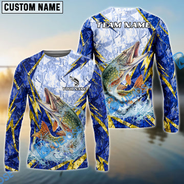 Bluejose Pike Fishing Lightning Splash Blue Pattern Custom Name & Team Name 3D Shirts
