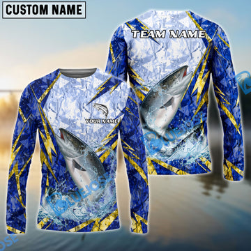 Bluejose Salmon Fishing Lightning Splash Blue Pattern Custom Name & Team Name 3D Shirts