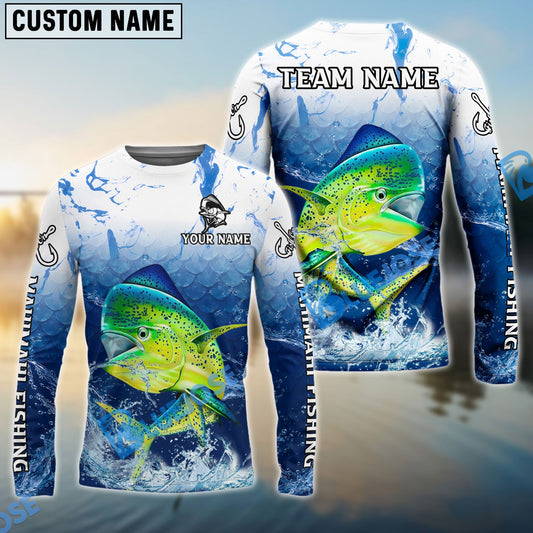 Bluejose Mahi-Mahi Fishing Ocean Scale Gradient Splash Design Custom Name & Team Name 3D Shirts