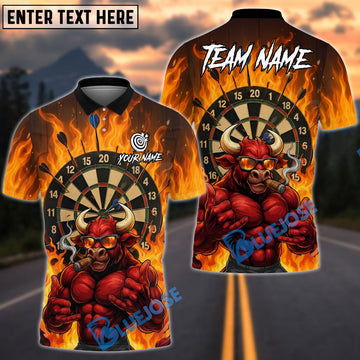 BlueJose Darts Cool Smoking Bull Flame Dartboard King Design Personalized Name, Team Name Unisex Shirt (4 Colors)