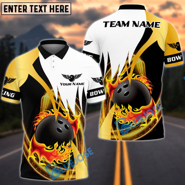 BlueJose Bowling And Pins Flaming Ball Swirl Customized Name, Team Name 3D Shirt (6 Colors)