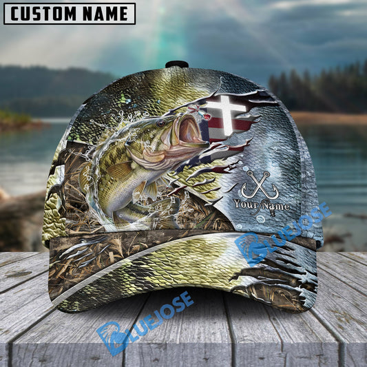 Bluejose Bass Fishing American Flag & Cross Design with Camo Personalized Cap