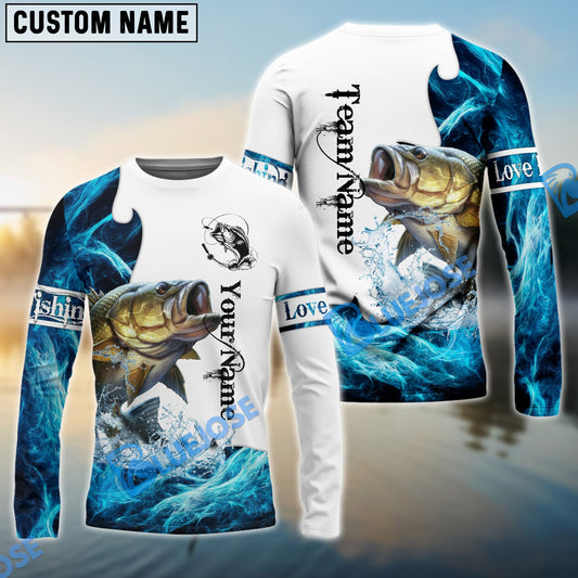 BlueJose Customize Name Bass Fishing Water & White 3D Shirts