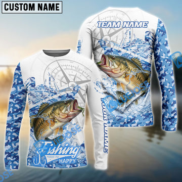 Bluejose Bass Fishing Blue Camouflage Compass Hook Design Pattern Custom Name & Team Name 3D Shirts