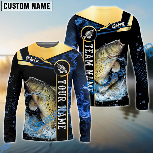 Bluejose Crappie Fishing Golden With Blue Flame Pattern Custom Name & Team Name 3D Shirts