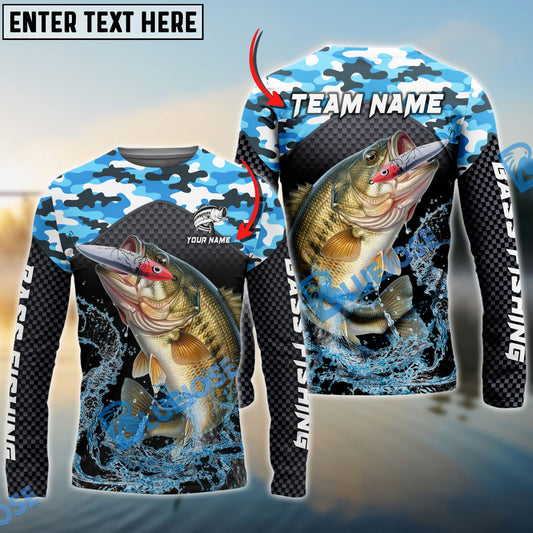 Bluejose Bass Fishing Blue Camo Sport Custom Name & Team Name 3D Shirts