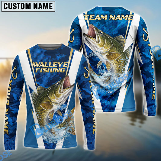 Bluejose Walleye Fishing Blue Camo Performance Custom Name & Team Name 3D Shirts