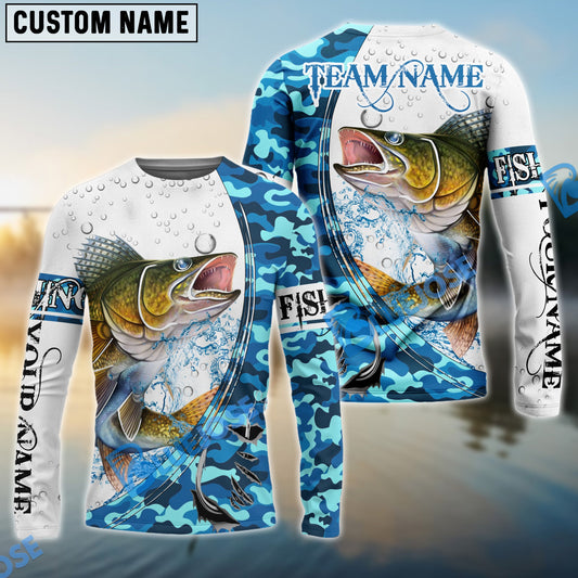 Bluejose Walleye Fishing Blue Camouflage Water Splash Custom Name & Team Name 3D Shirts