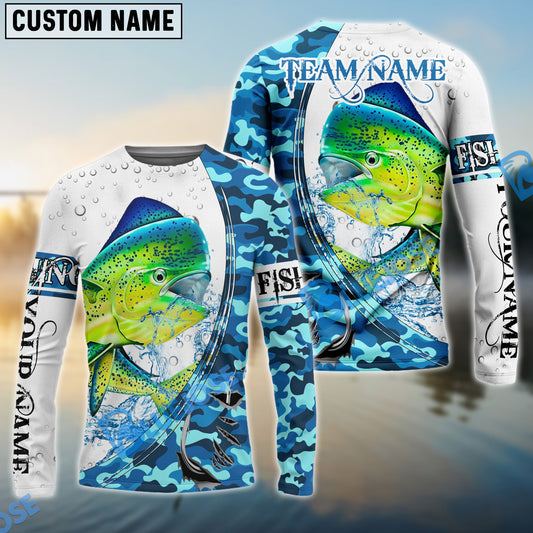 Bluejose Mahi-Mahi Fishing Blue Camouflage Water Splash Custom Name & Team Name 3D Shirts
