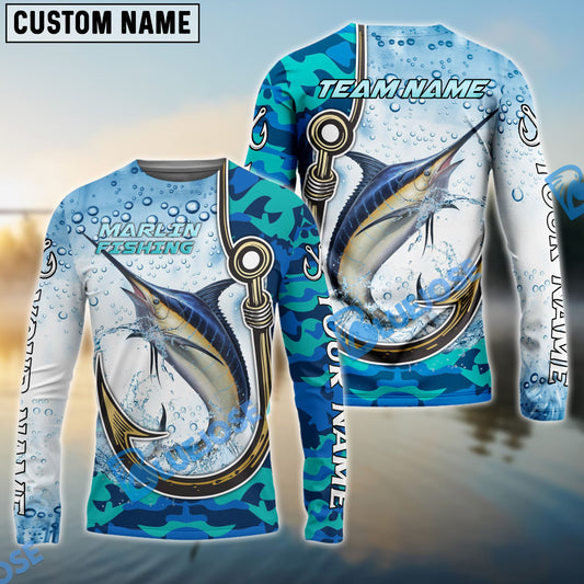 Bluejose Marlin Fishing Hook Blue Camo Water Splash Custom Name & Team Name 3D Shirts
