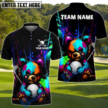 BlueJose Golf Colorful Angry Teddy Bear Customized Name, Team Name 3D Shirt