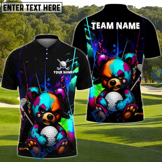 BlueJose Golf Colorful Angry Teddy Bear Customized Name, Team Name 3D Shirt