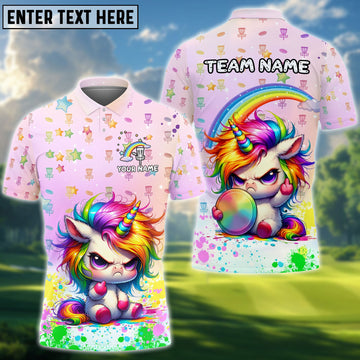 BlueJose Disc Golf Cute Angry Unicorn Rainbow Customized Name, Team Name 3D Shirt
