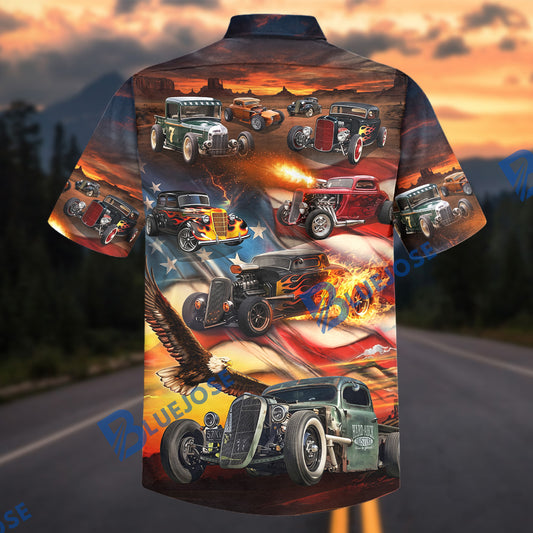 BlueJose Custom Photo Vintage Hot Rod Americana Hawaiian Shirt – Classic Street Rod & Eagle Aloha Shirt