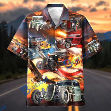 BlueJose Vintage Hot Rod Americana Hawaiian Shirt – Classic Street Rod & Eagle Aloha Shirt