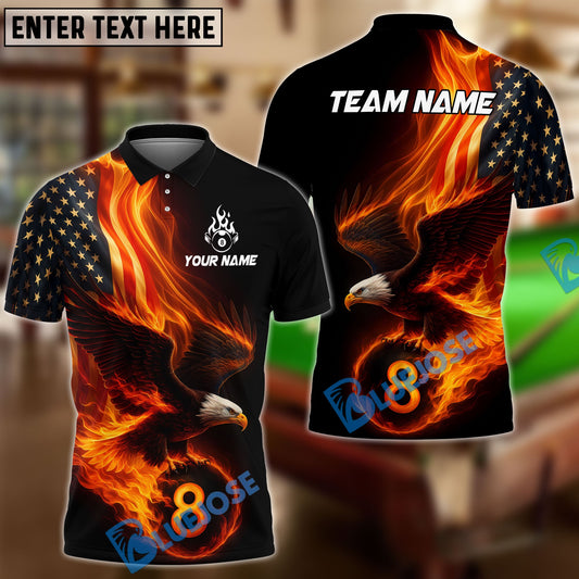BlueJose Billiards Ball 8 Eagle Flag Flame Personalized Name Shirt (4 Colors)