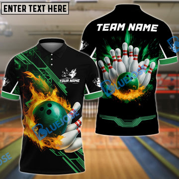BlueJose Bowling And Pins Flame Perfect Strike Customized Name, Team Name 3D Shirt (4 Colors)