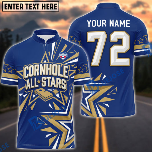 BlueJose Cornhole All Stars Royal Blue Gold Personalized Name 3D Unisex Shirt