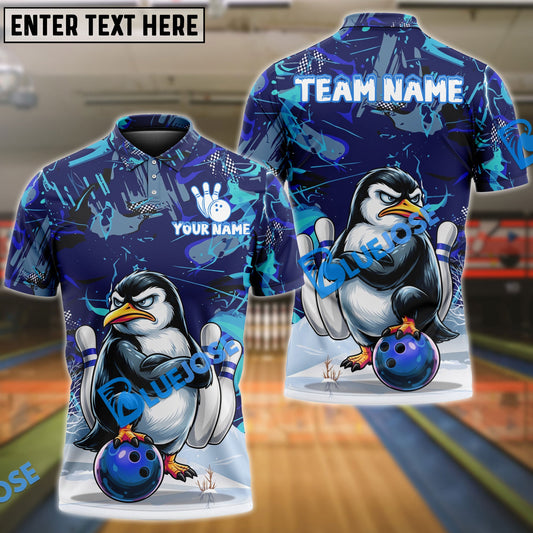 BlueJose Bowling And Pins Grumpy Penguin Customized Name, Team Name 3D Shirt (4 Colors)