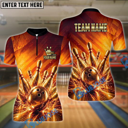 BlueJose Bowling Golden Strike Ball & Pins Explosion Customized Name, Team Name 3D Shirt (6 Colors)