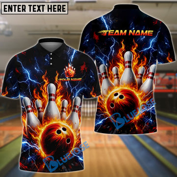 BlueJose Bowling & Pins Thunder Flaming Bowl Customized Name, Team Name 3D Shirt (4 Colors)