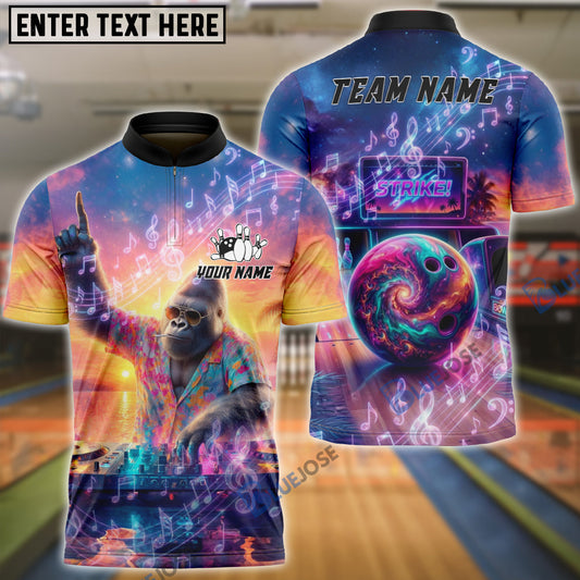 BlueJose Bowling And Pins DJ Gorilla Music Sunset Customized Name, Team Name 3D Shirt