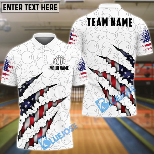 BlueJose Bowling And Pins USA Flags Ripped Claw Patriotic Design Customized Name, Team Name 3D Shirt