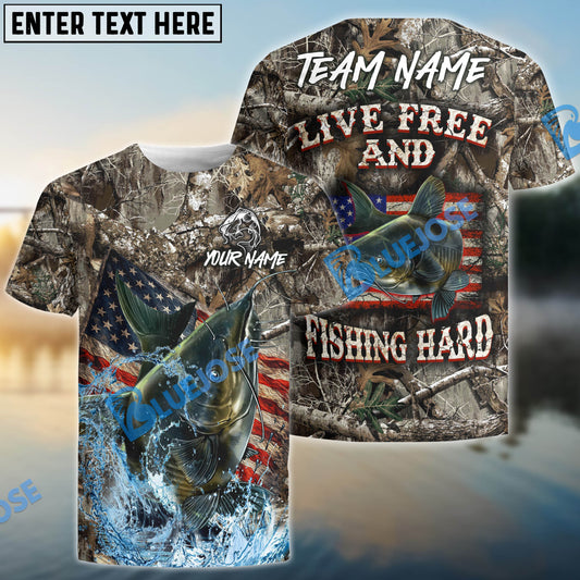Bluejose Catfish Fishing Patriotic Camo Live Free Custom Name & Team Name 3D Shirts
