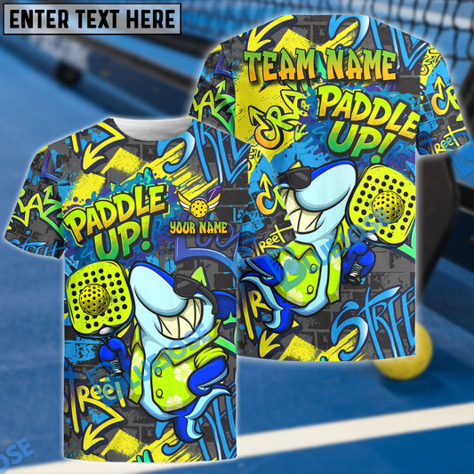 BlueJose Pickleball Graffiti Shark Paddle Up Customized Name & Team Name 3D Shirts